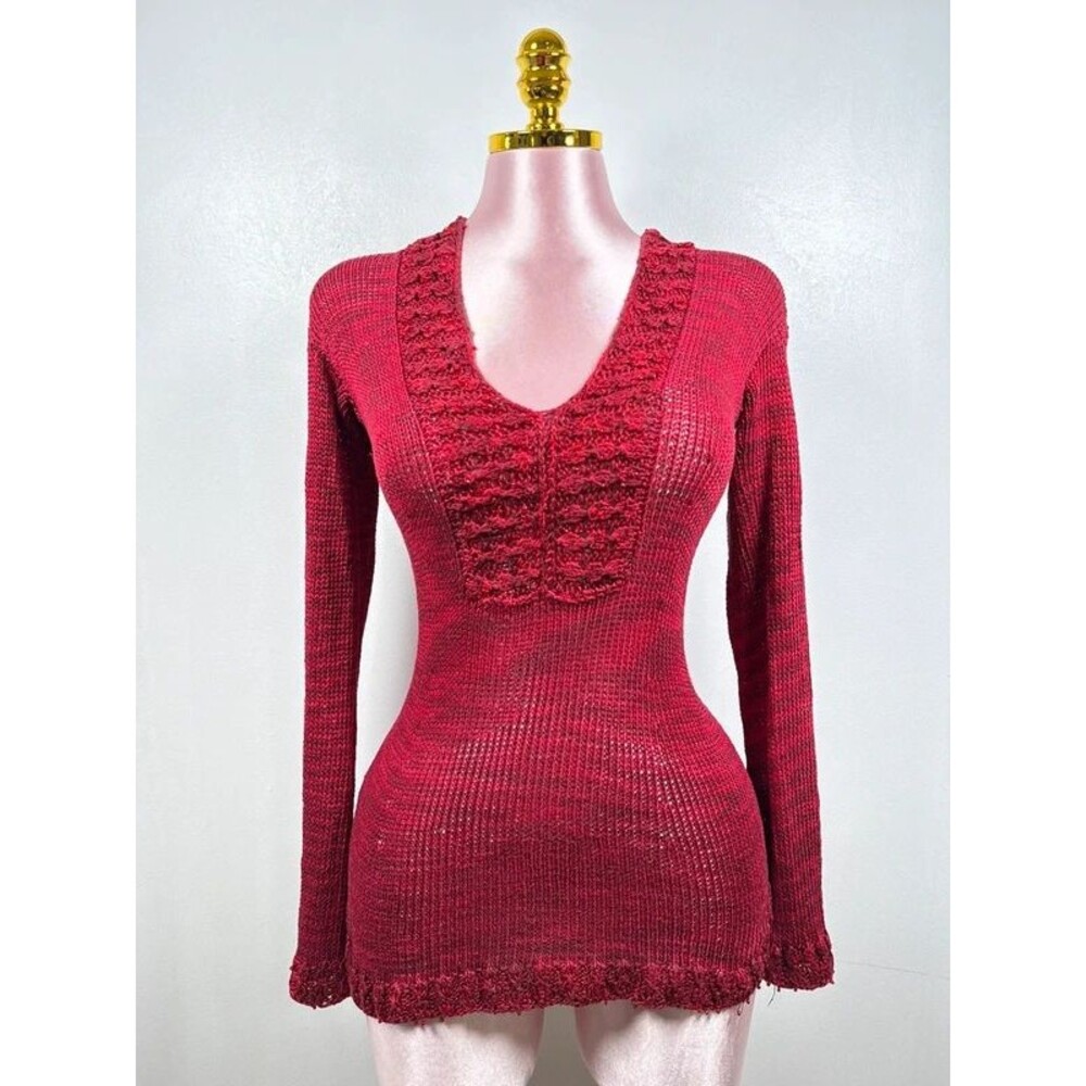 Unbranded Burgundy Knit Sweater Tunic Crochet Trim Long Sleeve Stretch XS S